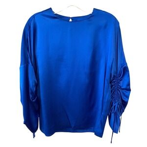 Tibi Women's Royal Blue Silk Long Sleeved Blouse with‎ Ruched Sleeves in Size XS